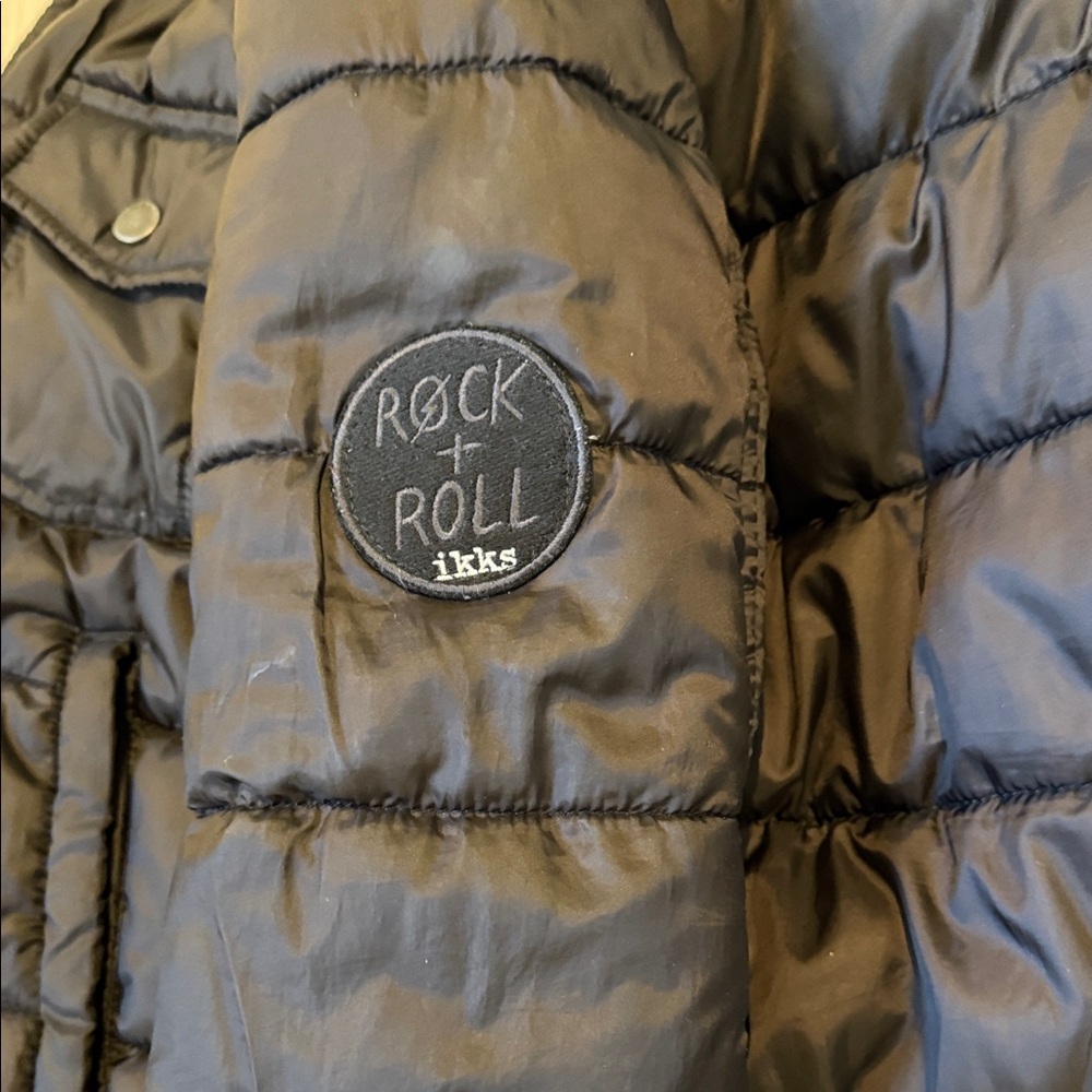IKKS brand Kids Reversible Black Puffer Jacket, interior soft cream plaid, size - Picture 6 of 8